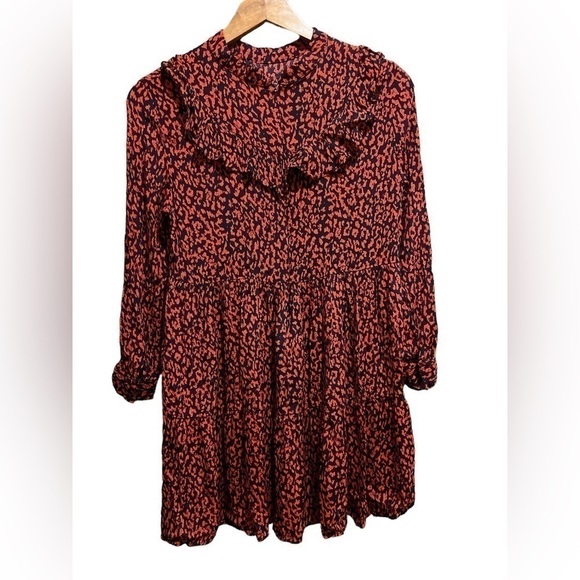 Zara Dresses & Skirts - ZARA Red & Black Animal Print Ruffle Long Sleeve Mini Dress M